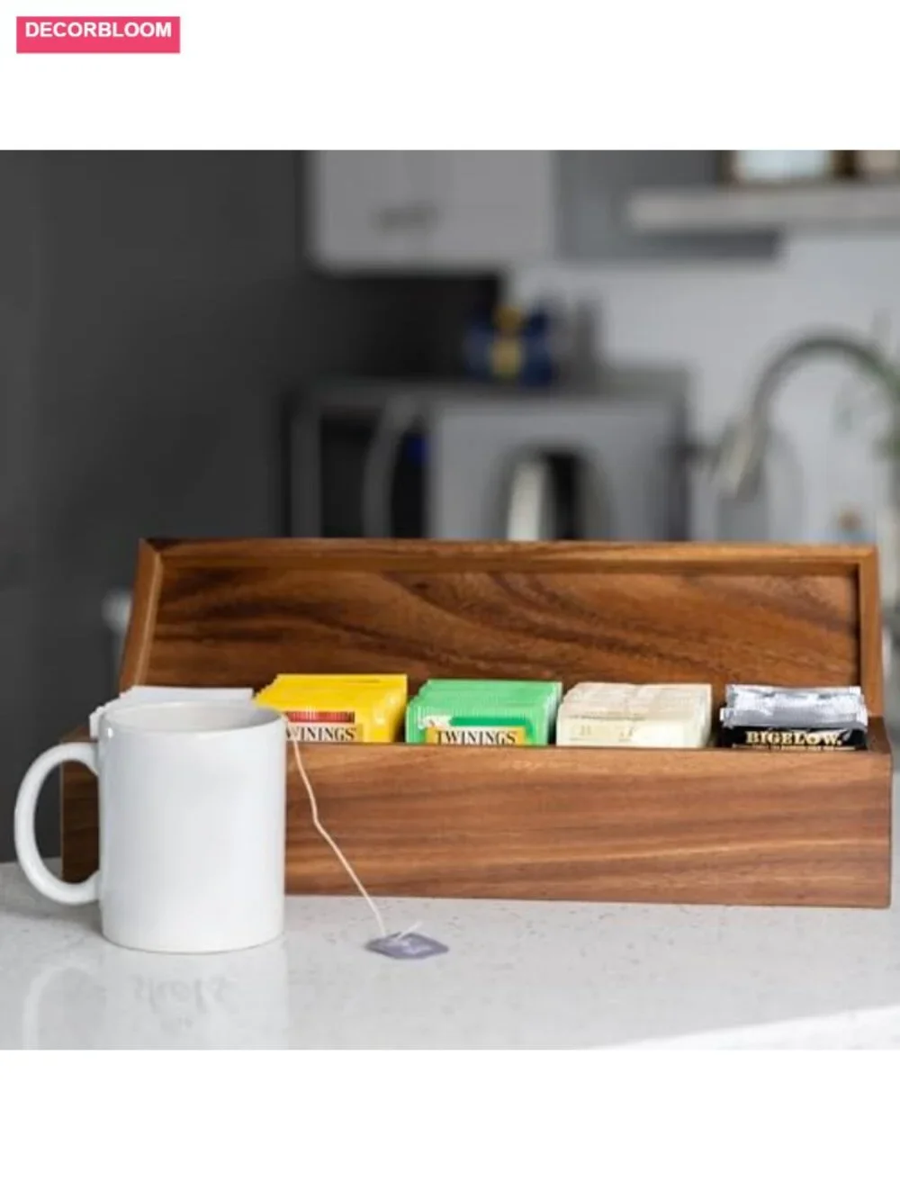 Acacia Wood 5 Compartment Tea Box Organizer with Lid